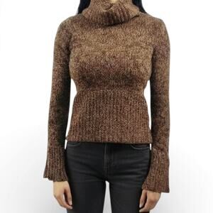 Y2K Express Brown Earthy Ribbed Merino Turtleneck Bell Sleeves Sweater Sz Small